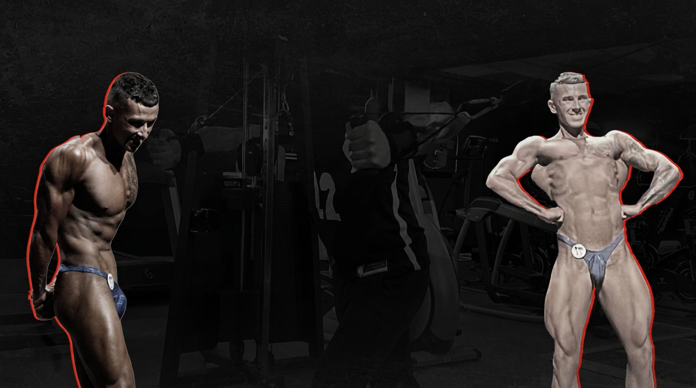 Two competitive bodybuilders framing the Steven Hill Online Coaching banner